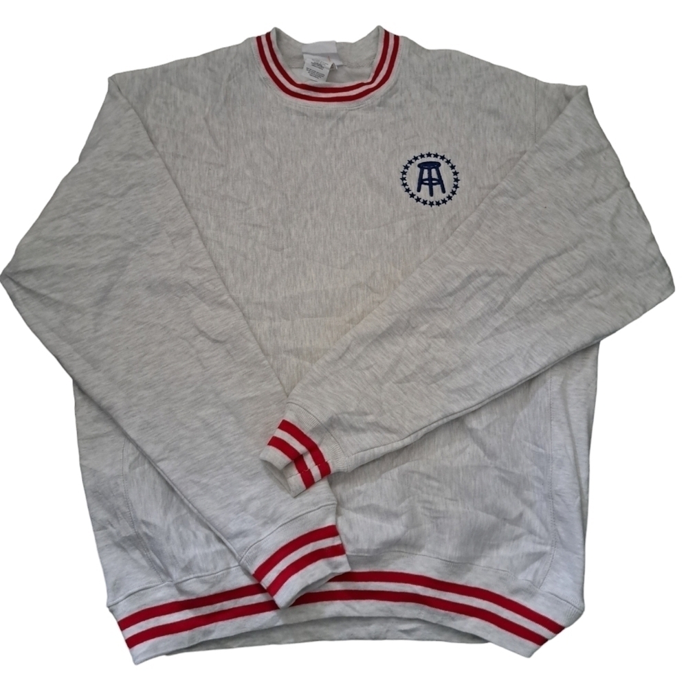 VTG CHAMPION REVERSEWEAVE BARSTOOL sweatshirt light grey stripe trim sweater LG